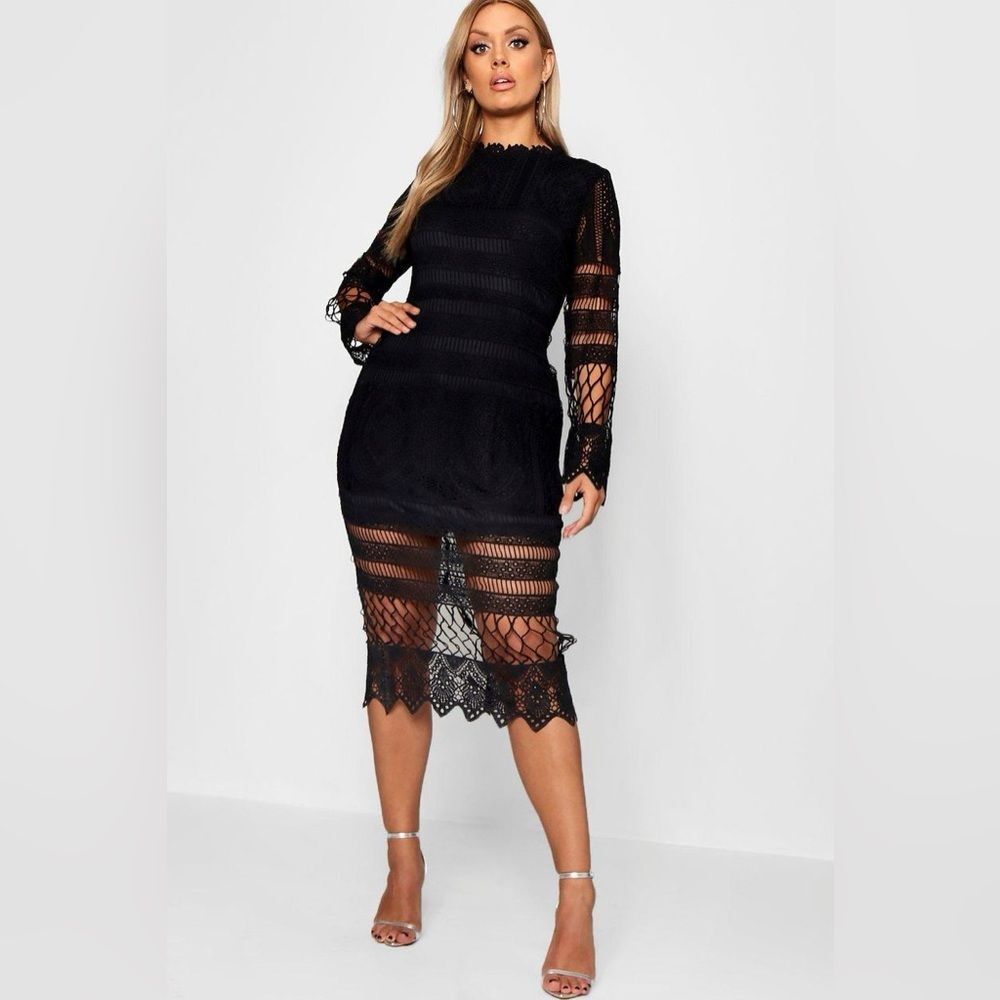 Boohoo Black‎ Lace Panelled Midi Dress, Woman’s Size 22